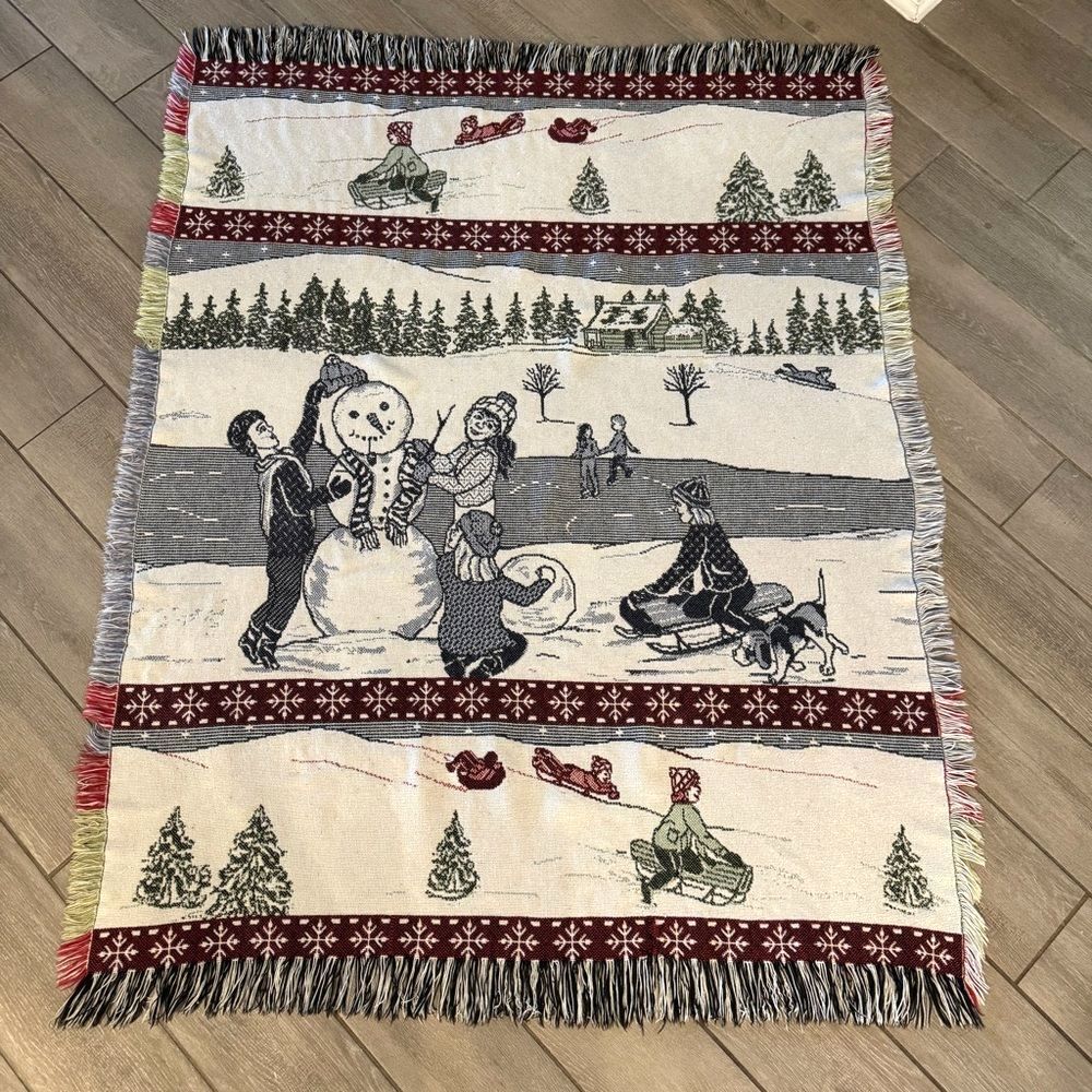 Vintage Winter Scene Snowman Christmas Tapestry Throw Blanket 45x58